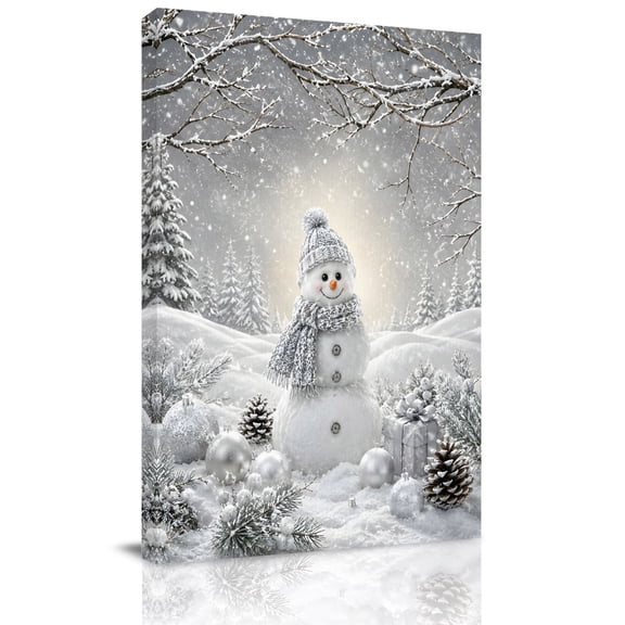 Canvas Wall Art, Christmas Snowman Framed Canvas Prints for Hallway Living Room, Grey Xmas Ball Branches Pine Forest Extra Large Gallery Wrapped Wall Decor for Home Office, Gifts, 20"x30"