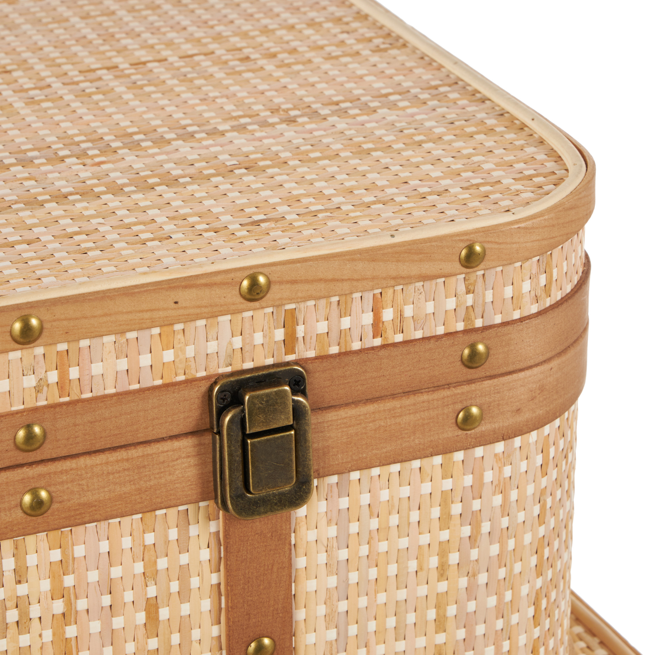 DecMode 28" x 13" Light Brown Rattan Woven Trunk with Brass Metal Latches and Brown Wooden Accents, 3-Pieces