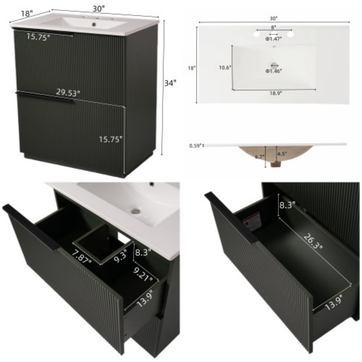 30" Bathroom Vanity with Ceramic Sink, Freestanding Bathroom Cabinet with Full Extension Drawers, Soft Close Slides, Fluted Design, Green