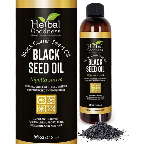 Black Seed Oil 100% Pure Cold Pressed  8 fl. oz -  Organic Cumin Seed Oil for Immune,  Joint, Hair & Skin Support - Herbal Goodness