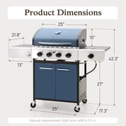 Alpha Joy 4-Burner Propane Gas BBQ Grill with Side Burner and Wheels 542 SQ.IN. Cooking Space, Blue