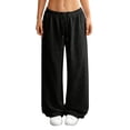 thumbnail image 2 of Women's Low Rise Wide Leg Sweatpants, Elastic Drawstring Waist Loose Pants, Soft Casual Lounge Pants for Everyday Wear, Home, Errands and Relaxed Outfits Black L, 2 of 8