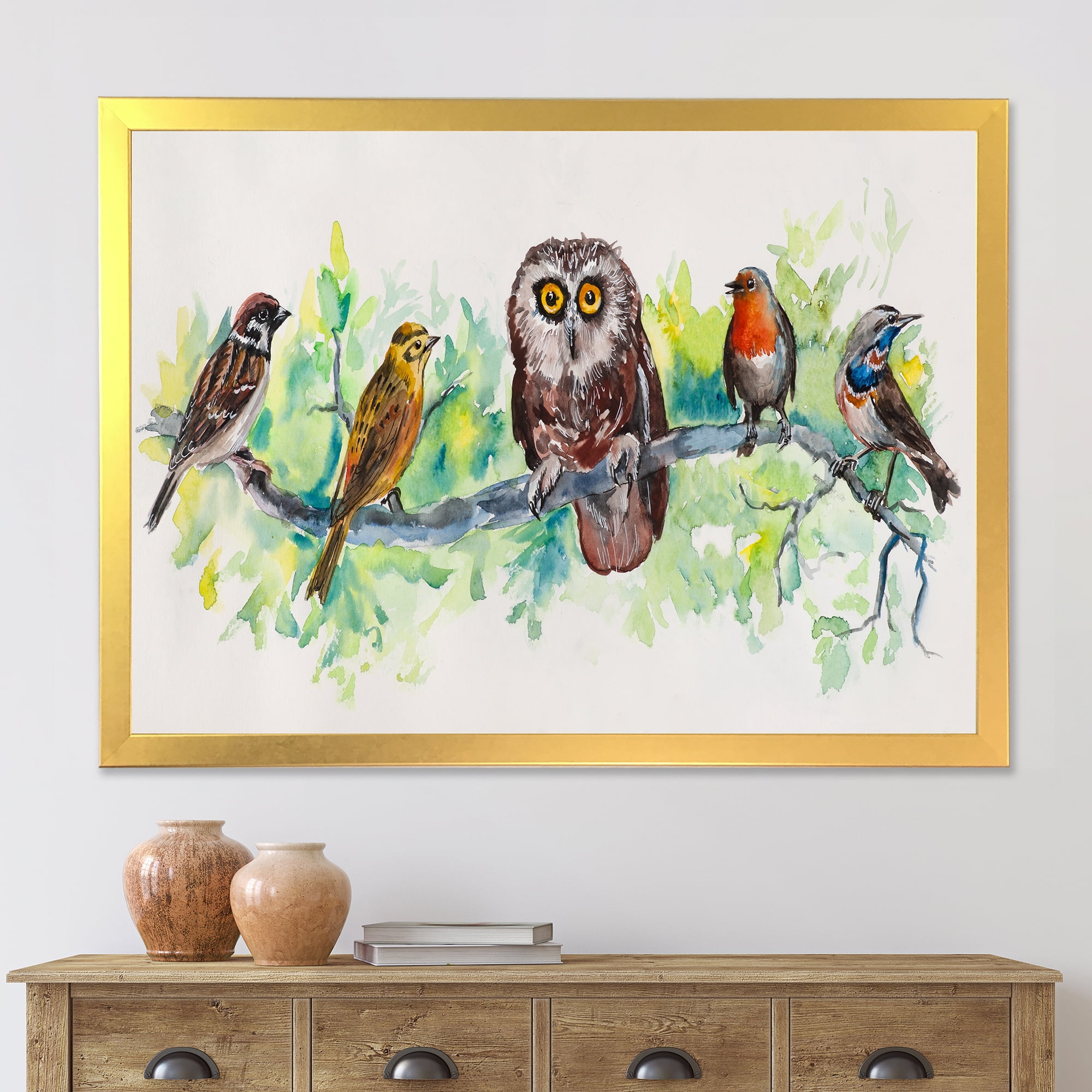 Designart 'Bird Friends With Owl On A Branch' Traditional Framed Art Print