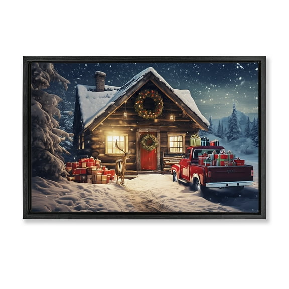 Stupell Industries Woodsy Holiday Cabin Holiday Painting Black Floater Framed Canvas Art Prints Wall Art, 25 x 17