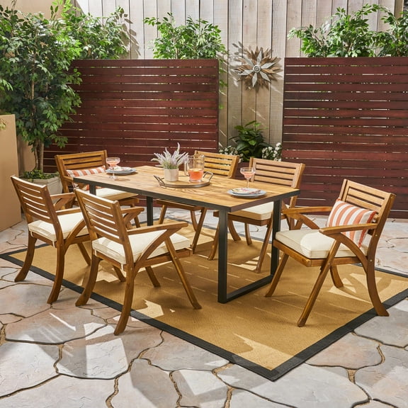 Noble House Lovell 7 Piece Outdoor Acacia Wood and Iron Dining Set in Teak