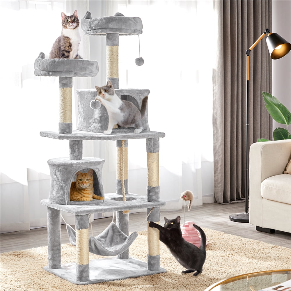 Alden Design 62" Double Condo Cat Tree and Scratching Post Tower, Light Gray