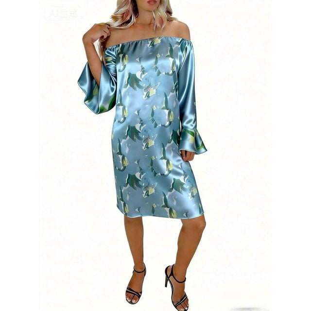 Vestido Estampado Fuera Del Hombro con Escote Elástico en Tela Elástica de Poliéster para Fiestas, Vacaciones Y Uso Cotidiano Informal