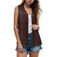 thumbnail image 4 of GEWSEY Women Tassel Vest 70s Hippie Cowgirl Western Suede Rivets Sleeveless Fringe Waistcoat Streetwear Outerwear (Brown, S), 4 of 7