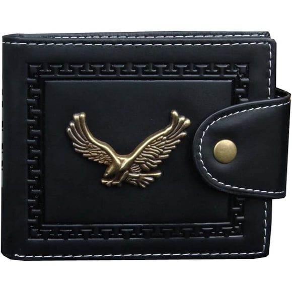 Vintage Wallet PU Leather Credit Card Billfold, Metal Plate Series, (Eagle-Black)