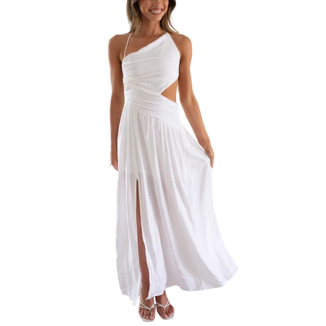 ZAXARRA Femmes Été Midi Robe Couleur Unie / Imprimé Floral Bretelles Spaghetti Croisées Tie-Up Robe Sans Manches Mode Fendue Partie Robe
