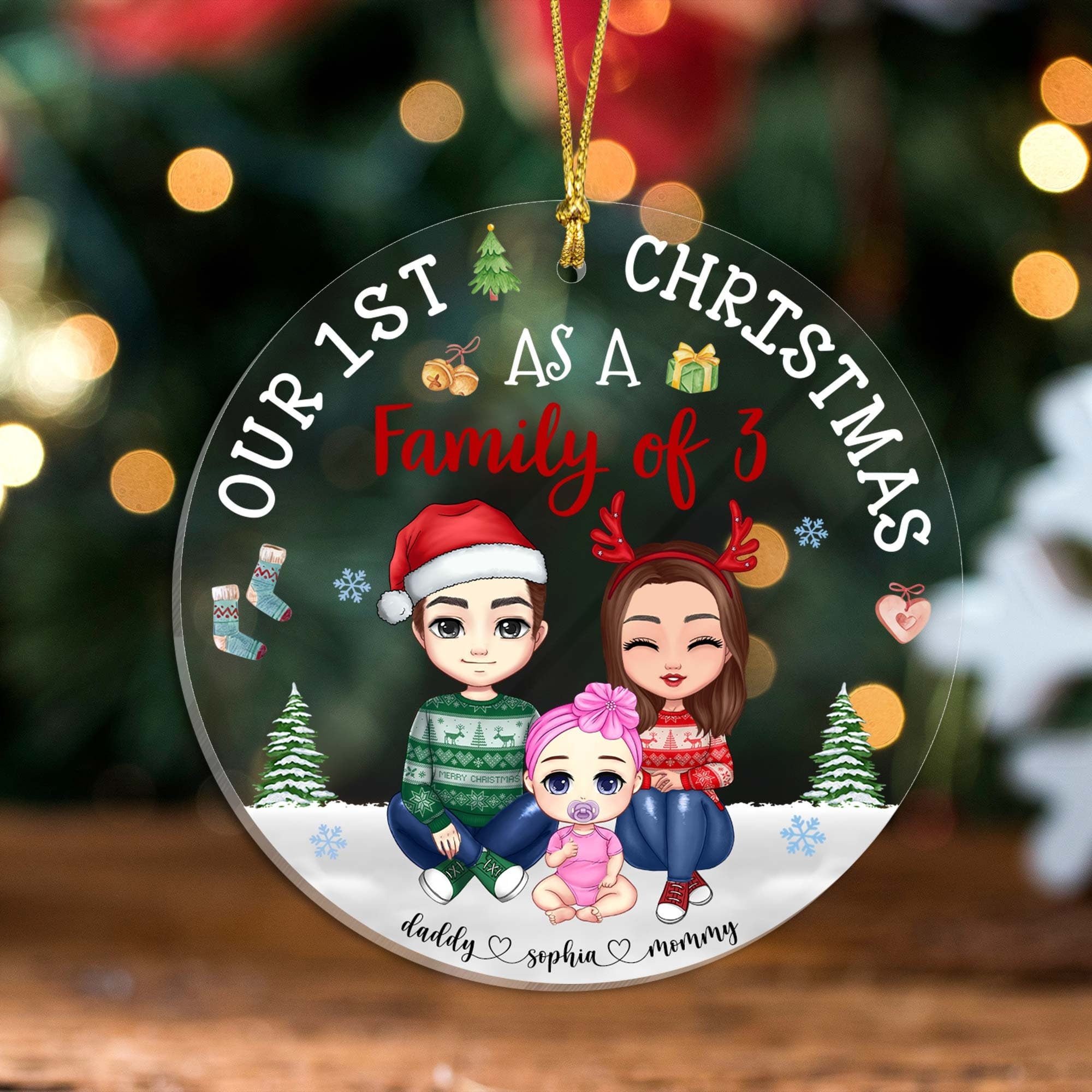 Personalized 1st Christmas As A Family Of 3 Acrylic Ornament, Custom Baby's First Christmas Ornament, Gift for New Family Parents