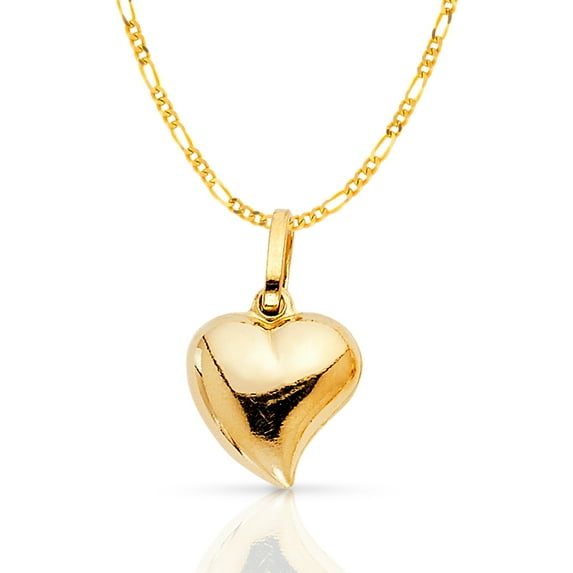 14K Yellow Gold Plain Heart Charm Pendant with 1.9mm Figaro 3+1 Chain Necklace - 22"