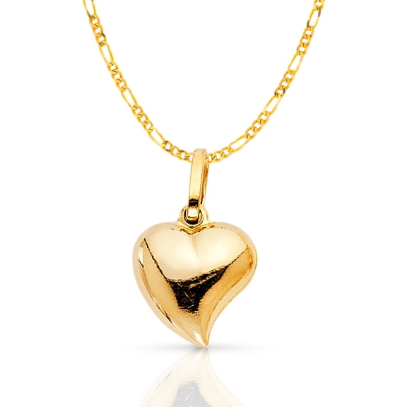 14K Yellow Gold Plain Heart Charm Pendant with 2mm Figaro 3 1 Chain Necklace