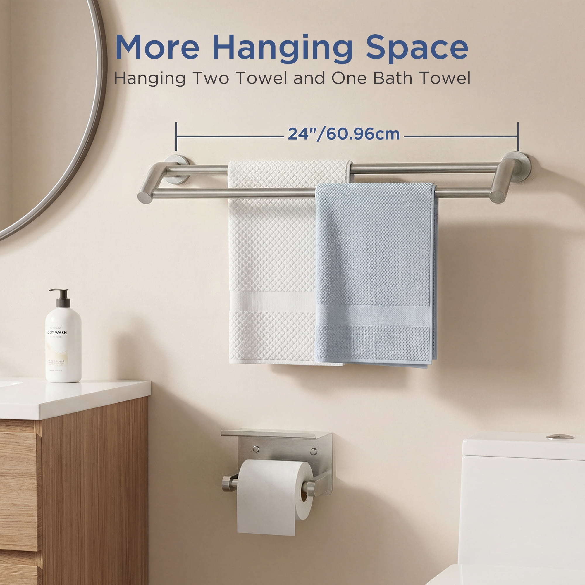 TVOFEK 24 inch Double Towel Bar for Bathroom, Stainless Steel Towel Racks Wall Mounted, Brushed Nickel Dual Towel Holder