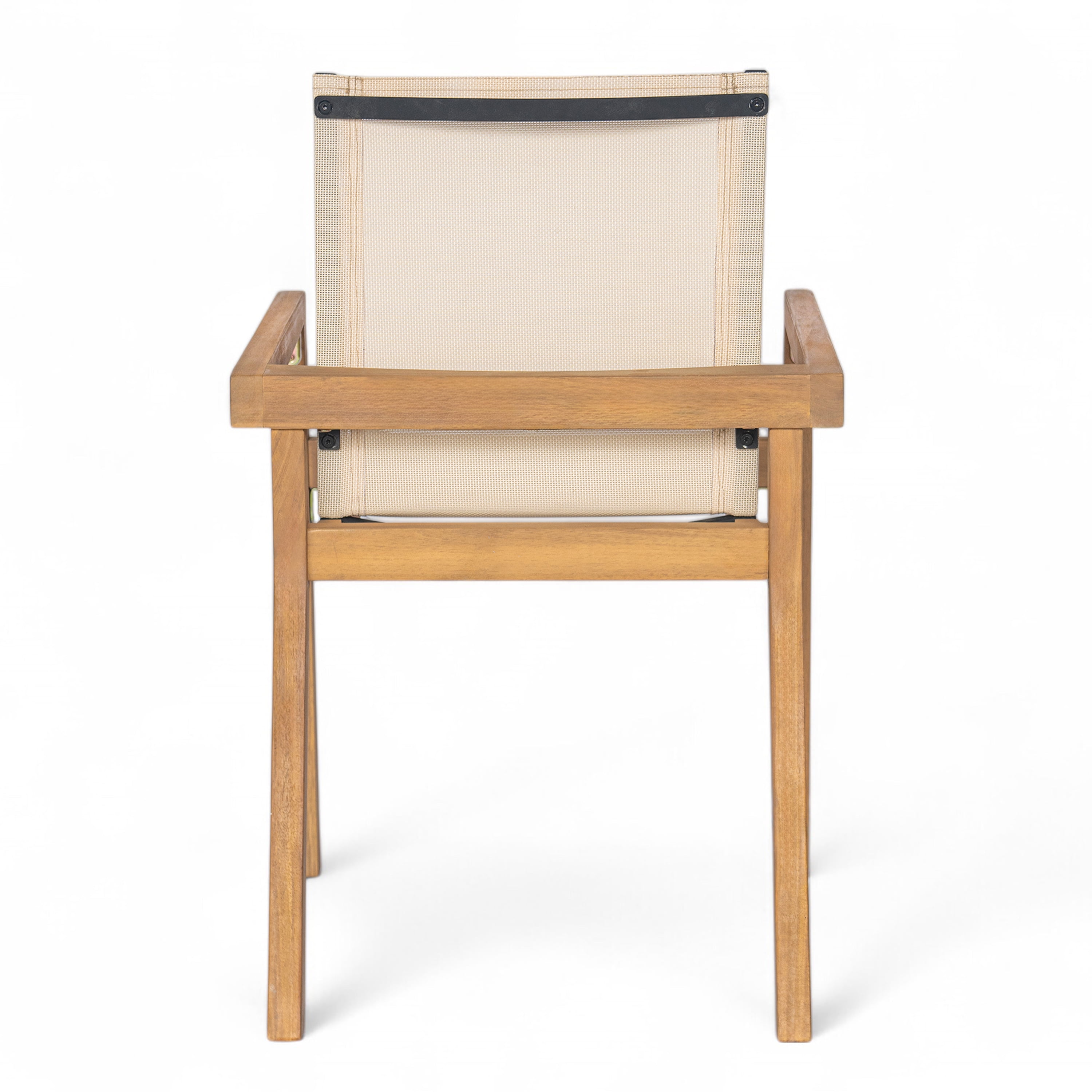 Outdoor Dining Chairs, Patio Chairs Set of 2, Acacia Wood Teak Finish Frame and Beige Textile Mesh Seat, Armchair Set for Poolside, Deck, or Garden Dining in Teak+Beige