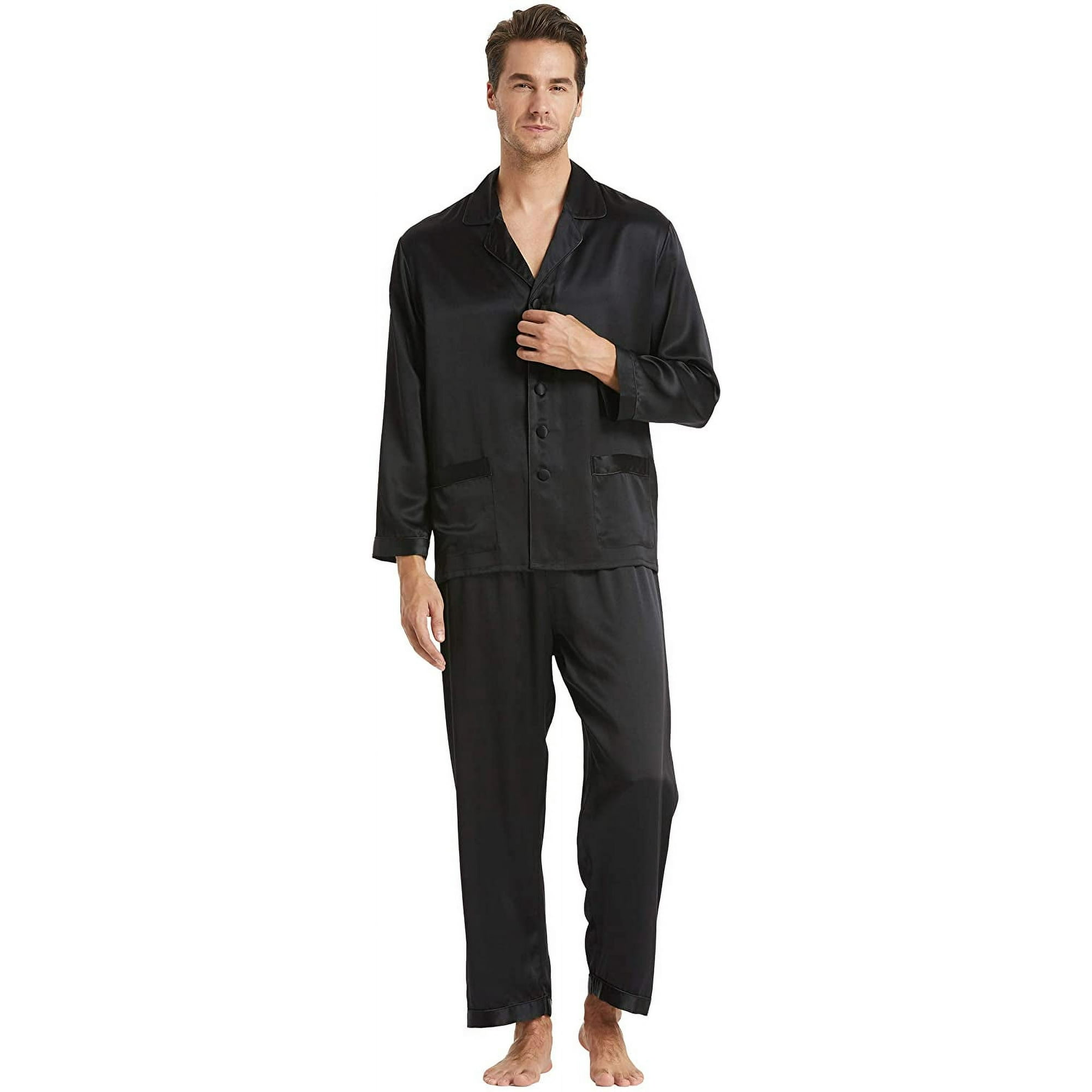 Pengtai Men s Silk Pajama Set 16 Momme 100 Silk Full Length Luxury Sleepwear Black Xx Large