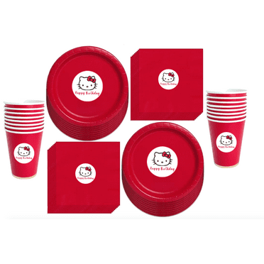 Kitty Birthday Party Supplies Set, Red Paper Plates and Cups with Happy Birthday Design set of 60