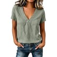 thumbnail image 2 of ITSAME Womens Cotton Linen Tops Short Sleeve V-Neck Shirts Ladies Loose Casual Blouses Green Size L, 2 of 5
