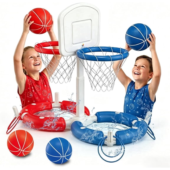UFULMN Dual Pool Basketball Hoop with Backboard for Boys Girls 2-in-1 Floating Pool Toys Ring Game 4 Balls 8 Rings & Pump Outdoor Swimming Pool Basketball Games