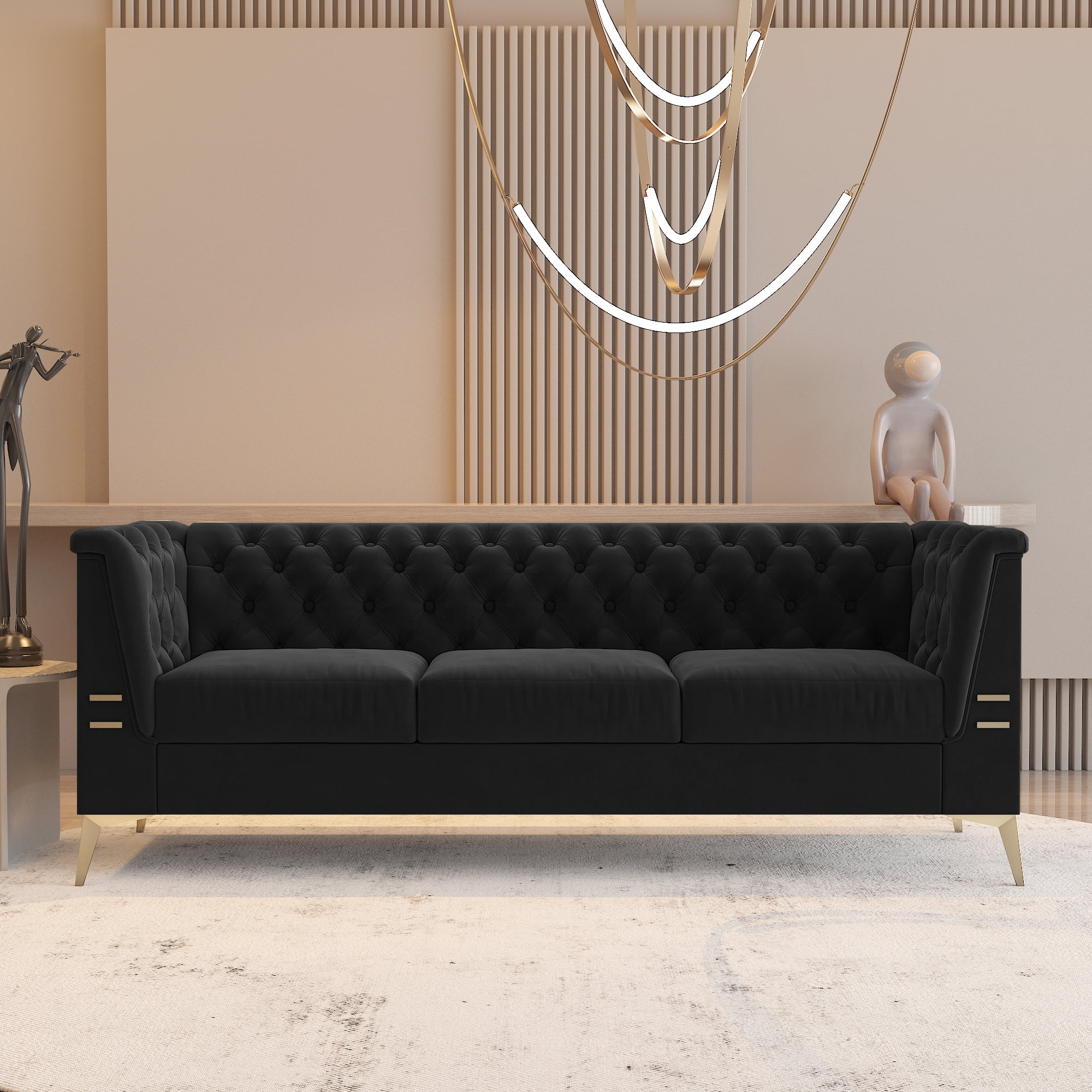 Resenkos 83" Mid-Century Modern Tufted Velvet Couch Extra-Deep Down-Filled Sofa in Black