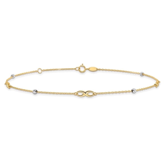 10K TwoTone Gold DiamondCut Beads and Plus 1" Ext. Cable Chain Anklet for Women