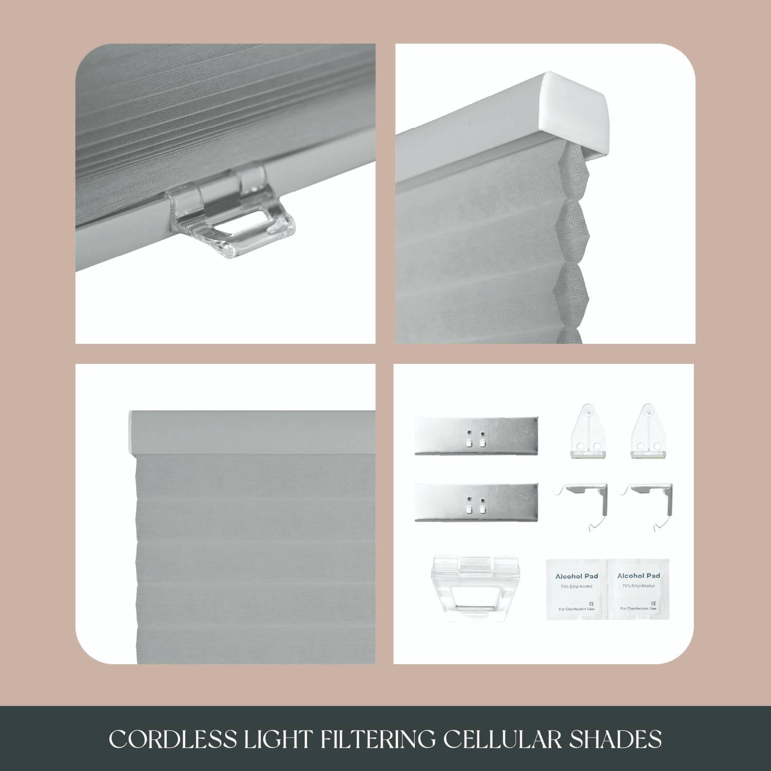 REGAL estate No Drill Cordless Cellular Blinds, Easy Install, 1.5" Light Filtering, 27" W x 64" H, Light Gray