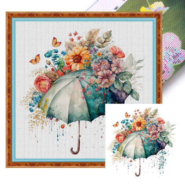 (16CTAEE-197__C__ 40x40) Hilo algodón ecológico bordado 16CT 2 hebras impresión 40*40cm paraguas flores kit serie flores punto cruz