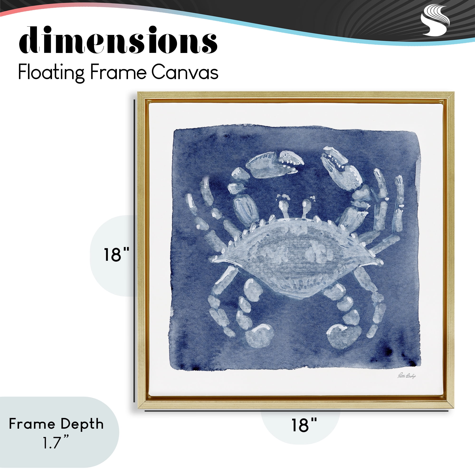 Stupell Industries White Crab on Indigo Gold Framed Floater Canvas Wall Art, design by Patti Bishop