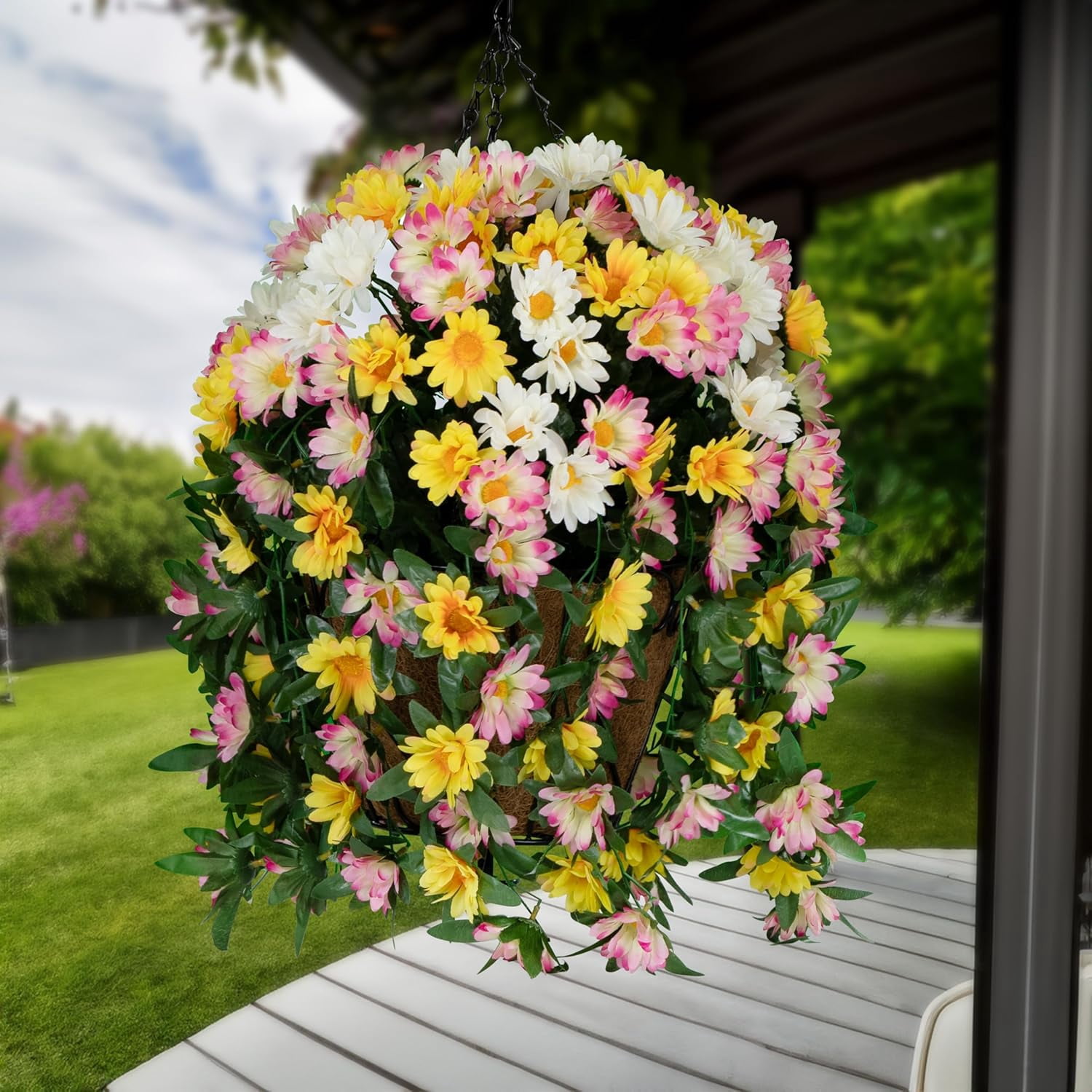Sympathy Silks Artificial Flowers - Yellow White and Pink Daisies Hanging Basket