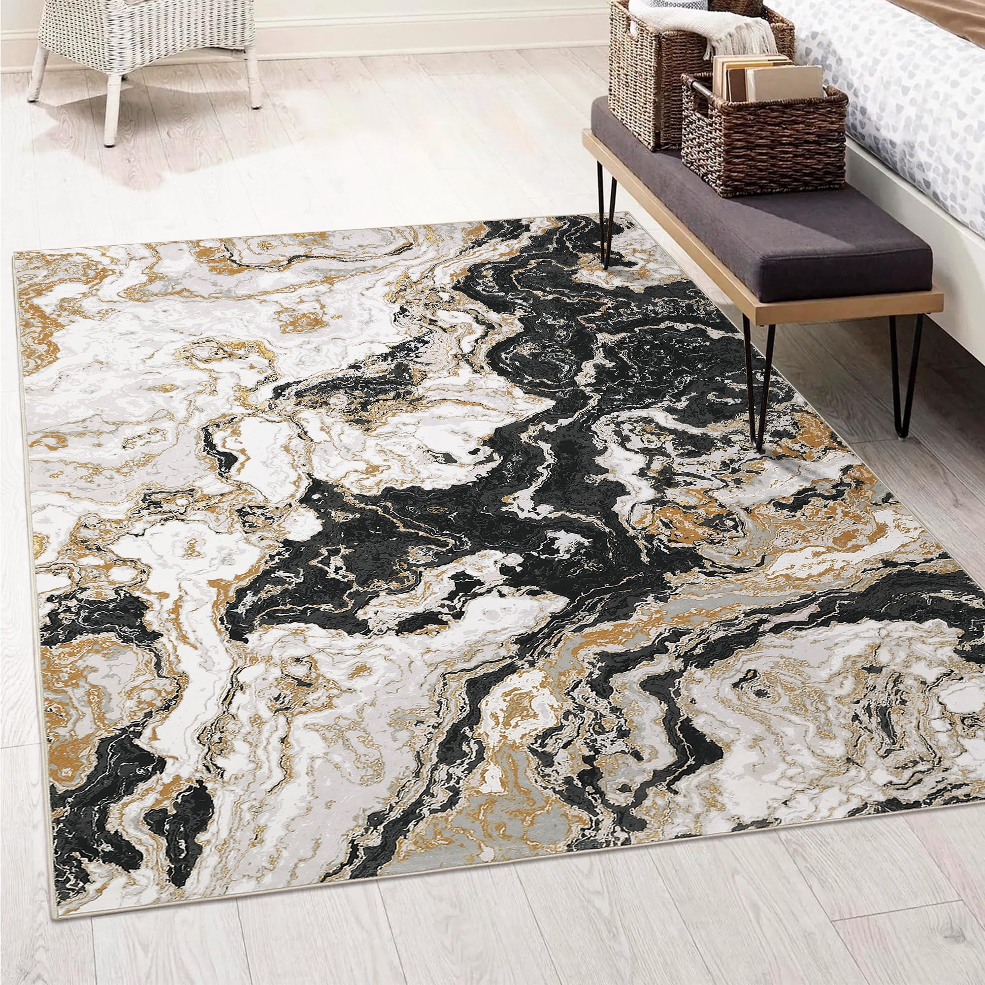 Modern Abstract Marble Print Area Rug 9' x 12'– Soft, Washable, Non-Slip & Non-Shedding(Black)