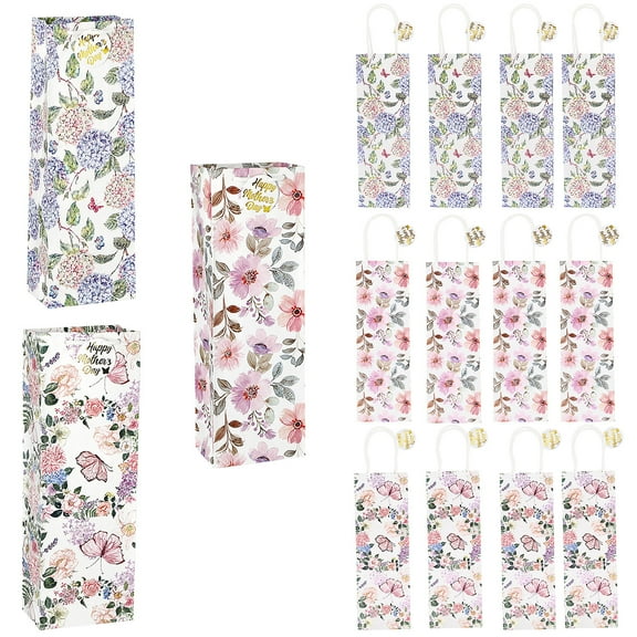 4 3/4" x 14" Mother’s Day Flower & Butterfly Wine Bottle Gift Bags with Tag - 12 pieces
