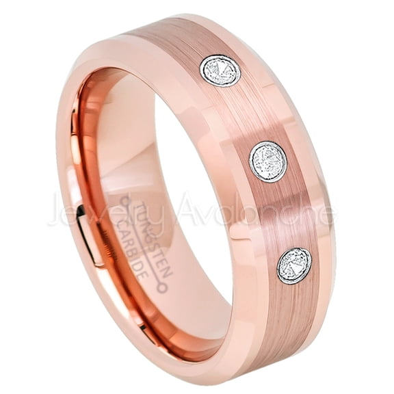Rose Gold Plated Tungsten Ring - 0.21ctw Diamond 3-stone Band - Personalized Tungsten Wedding Ring - Custom Made April Birthstone Ring TN732BS