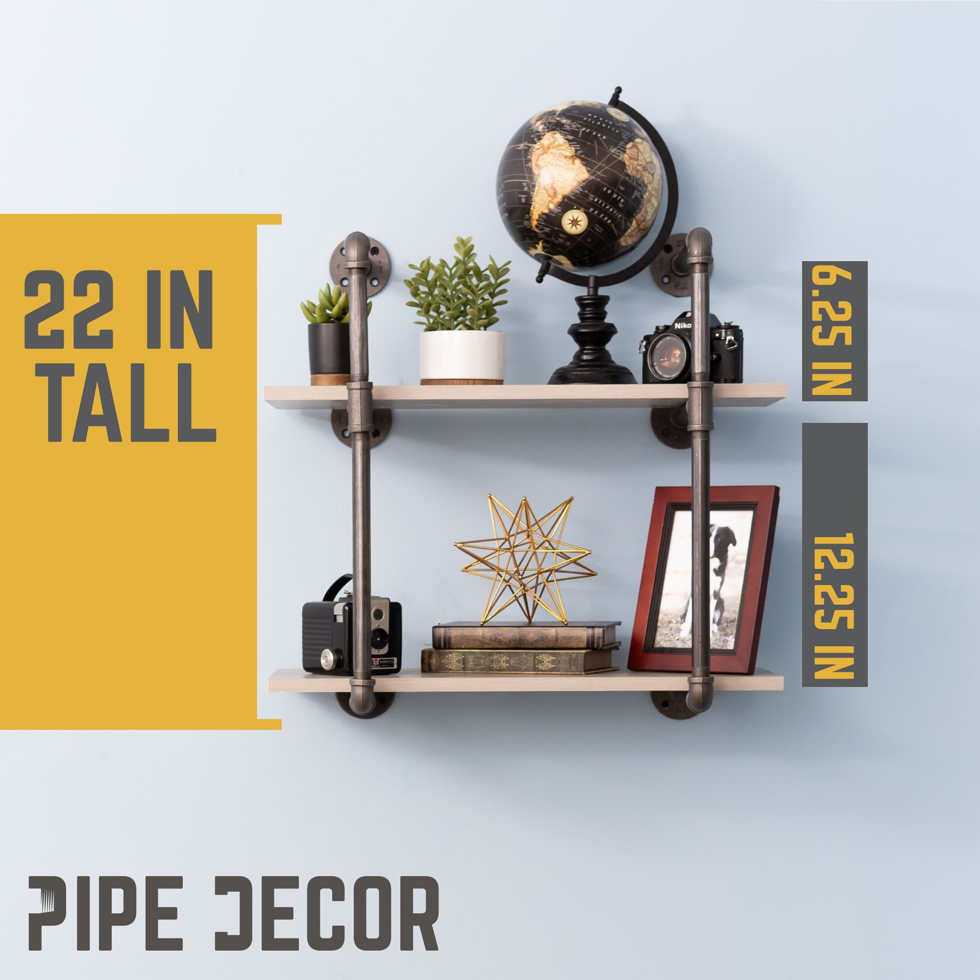 Pipe-Decor.com Rustic Industrial Floating Shelving Distressed Aged Wood and Iron Pipes 2 tier Wall Mounted Hanging Shelf