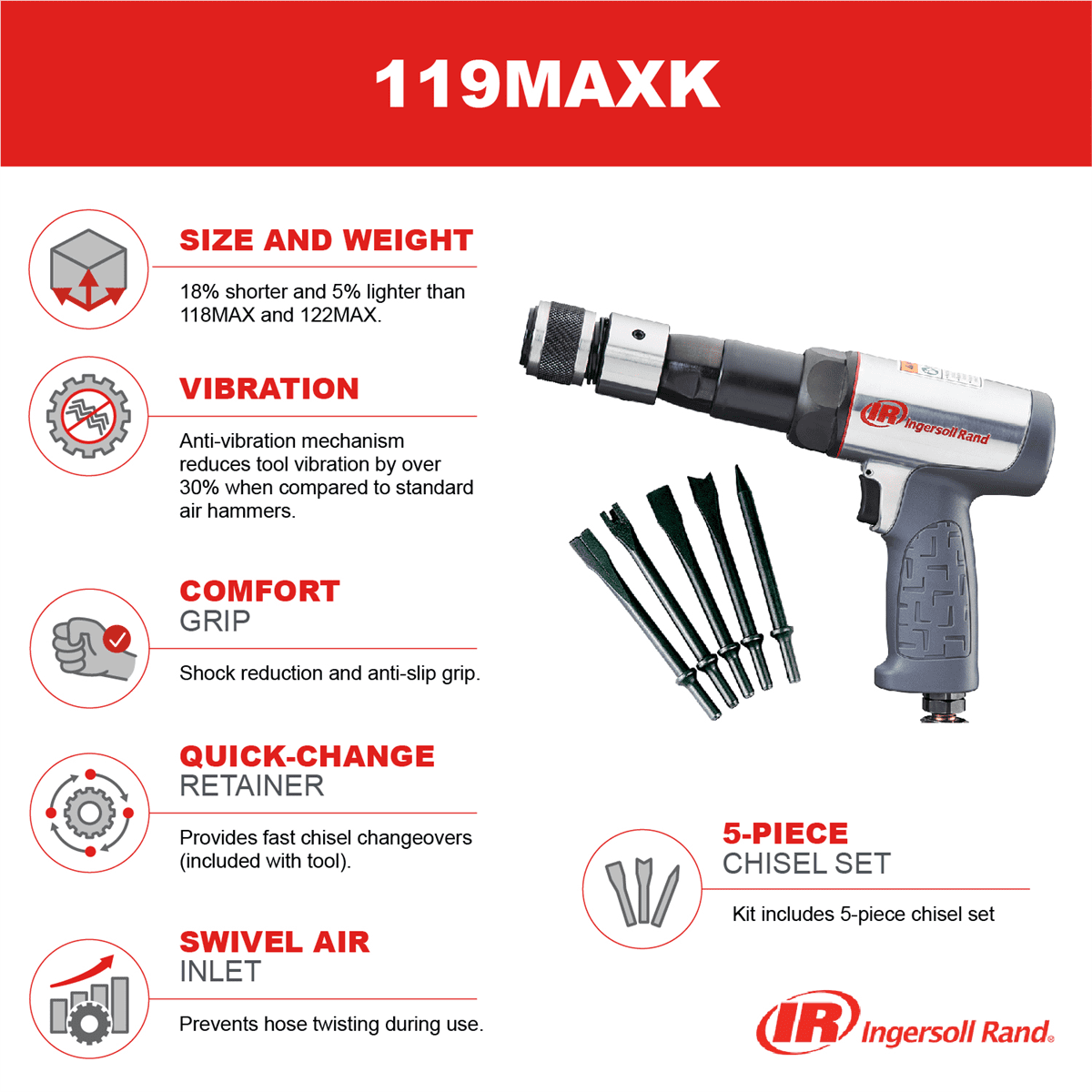 Ingersoll Rand 119MAXK Long Barrel Air Hammer, Low Vibration, for Vehicle Repair