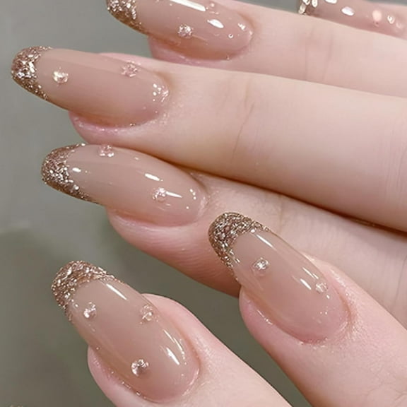 Nude French Long Fake Coffin Nails Tips Press on Nails Full Cover Crystal False Nails for Women 24PCS gold 1 Fl Oz (Pack of 1)
