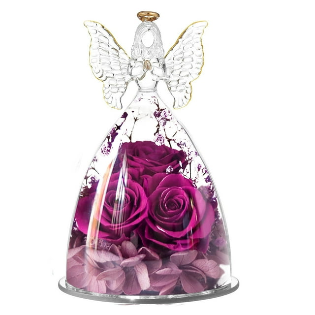 Cadeaux pour Elle, Figurine d'Ange en Verre avec Trois Roses, Cadeaux de Roses Réelles Préservées pour Toujours pour Femmes, Ange Gardien avec Fleur de Rose