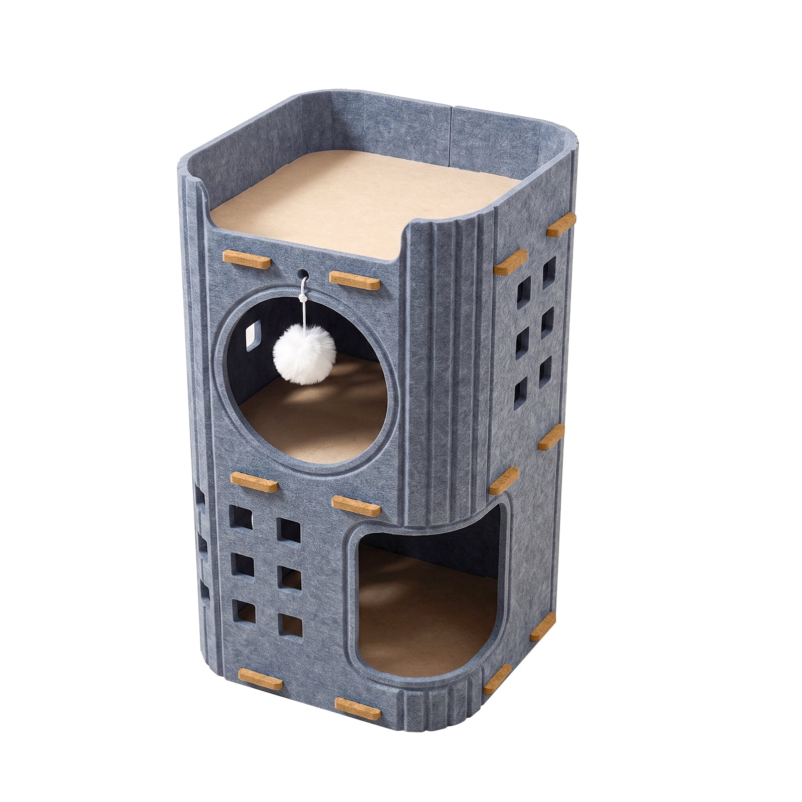 Felt Cat House for Cats, Kittens, Covered Tunnel & Condo with Dual Door Holes, Hanging Fur Ball, Warm & Scratch-Resistant, Cozy Cave for Indoor Outdoor Use, 35*35*60cm