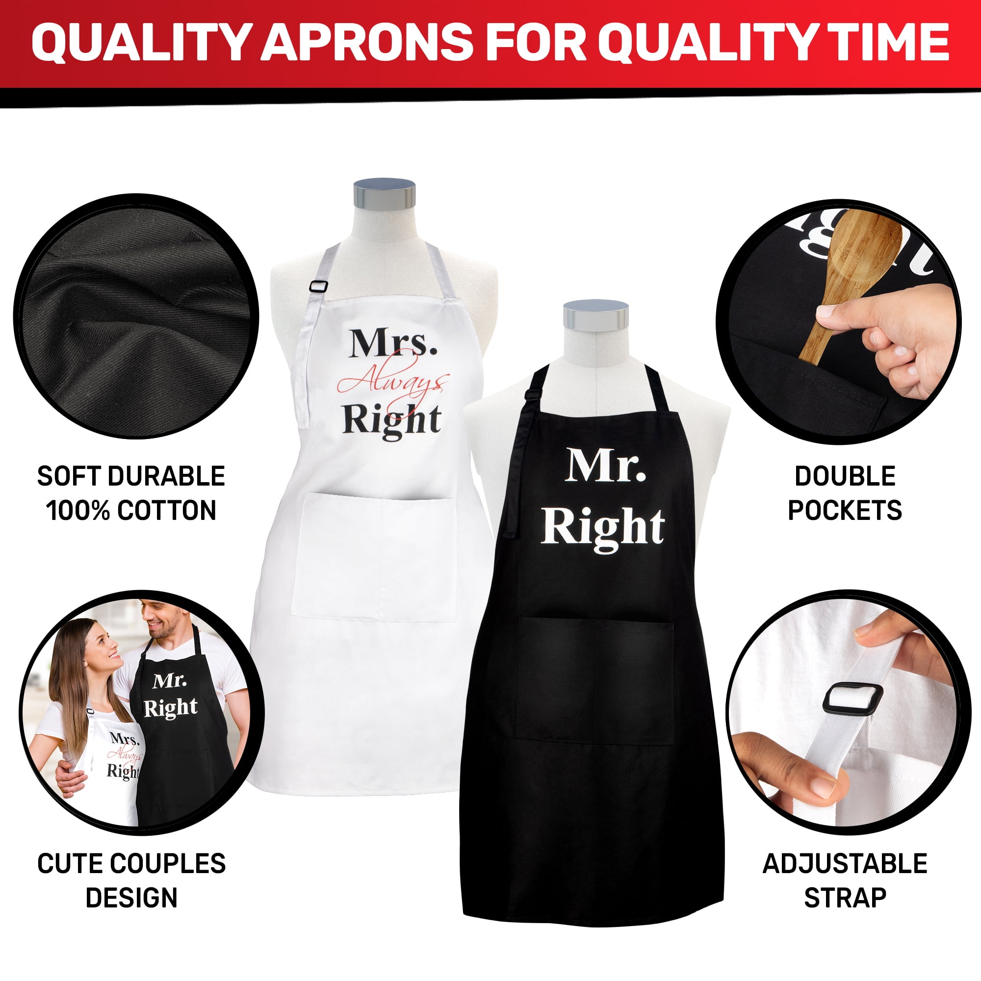 Prazoli His and Hers Aprons for Couples Mr Right Mrs Always Right Engagement and Bridal Shower Gift for Bride, Black & White Apron Set of 2