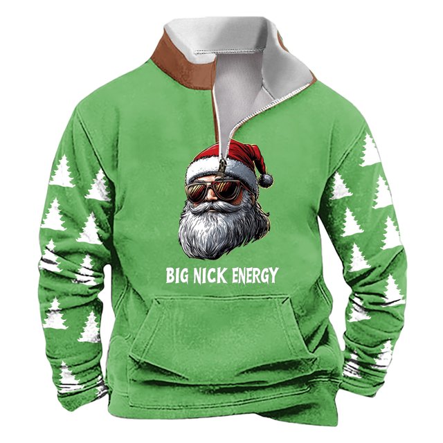 Sudadera sin capucha para hombre, de invierno, con cuello alto, cremallera, estampado navideño, jersey de manga larga, sudadera con capucha, blusa de poliéster para hombre