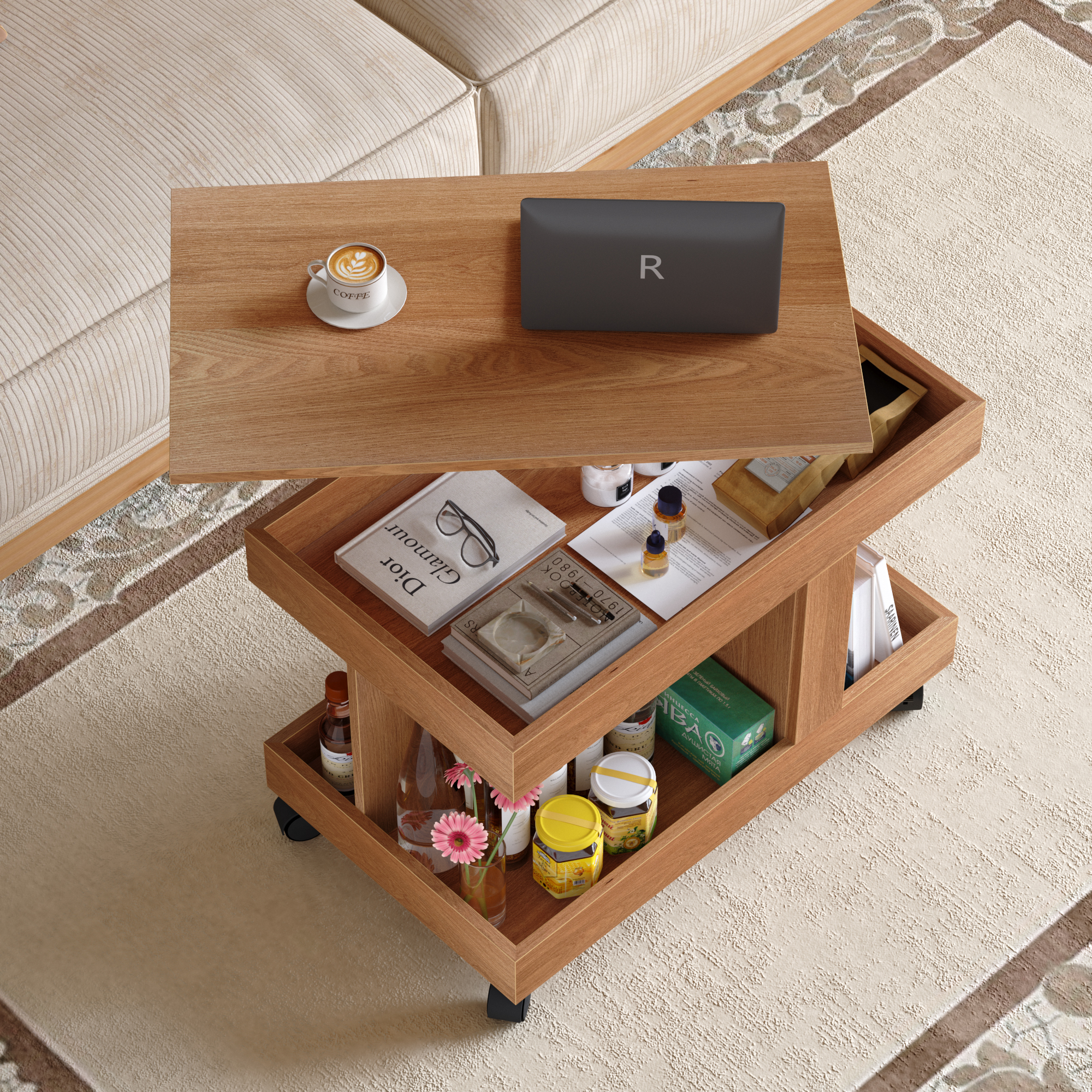 HOQBN Small Coffee Table with Wheels,360° Rotating Desktop Multi-Functional Side Table, Rolling End Table with Storage Compartment, Mobile Bedside Table for Living Room Bedroom,Natural