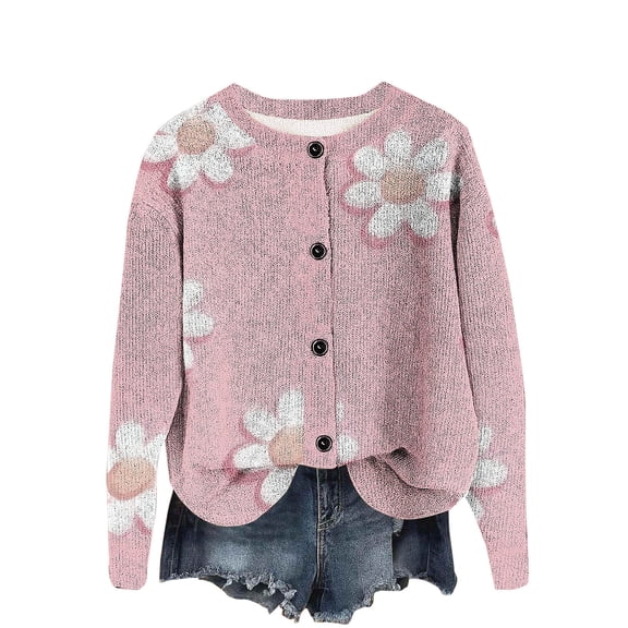 Sexlip Women's Cardigans Casual Long Sleeve V-Neck Button Down Floral Sweaters Open Front Knit Outerwear Pink M