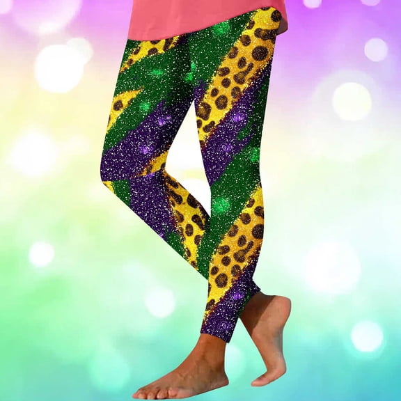 Maqroz Mardi Gras Leopard Print Leggings Glitter Effect Yoga Pants Wild Animal Festival Tights Yellow,M