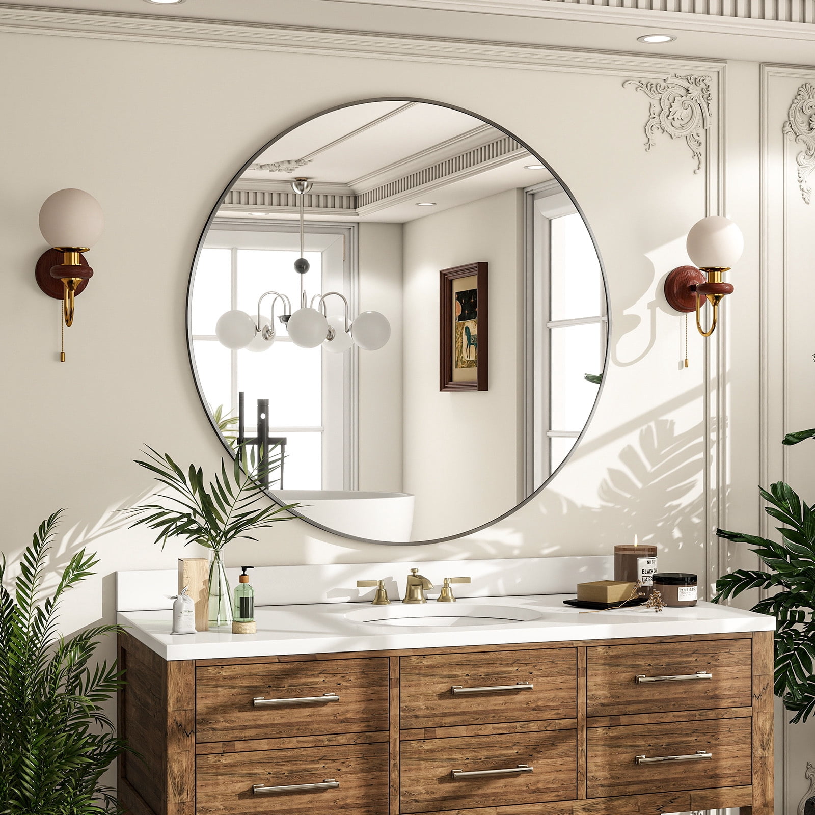 AUROMIR‌ 42" Bathroom Mirror Round Mirror Wall Vanity Mirror with Metal Frame, Black