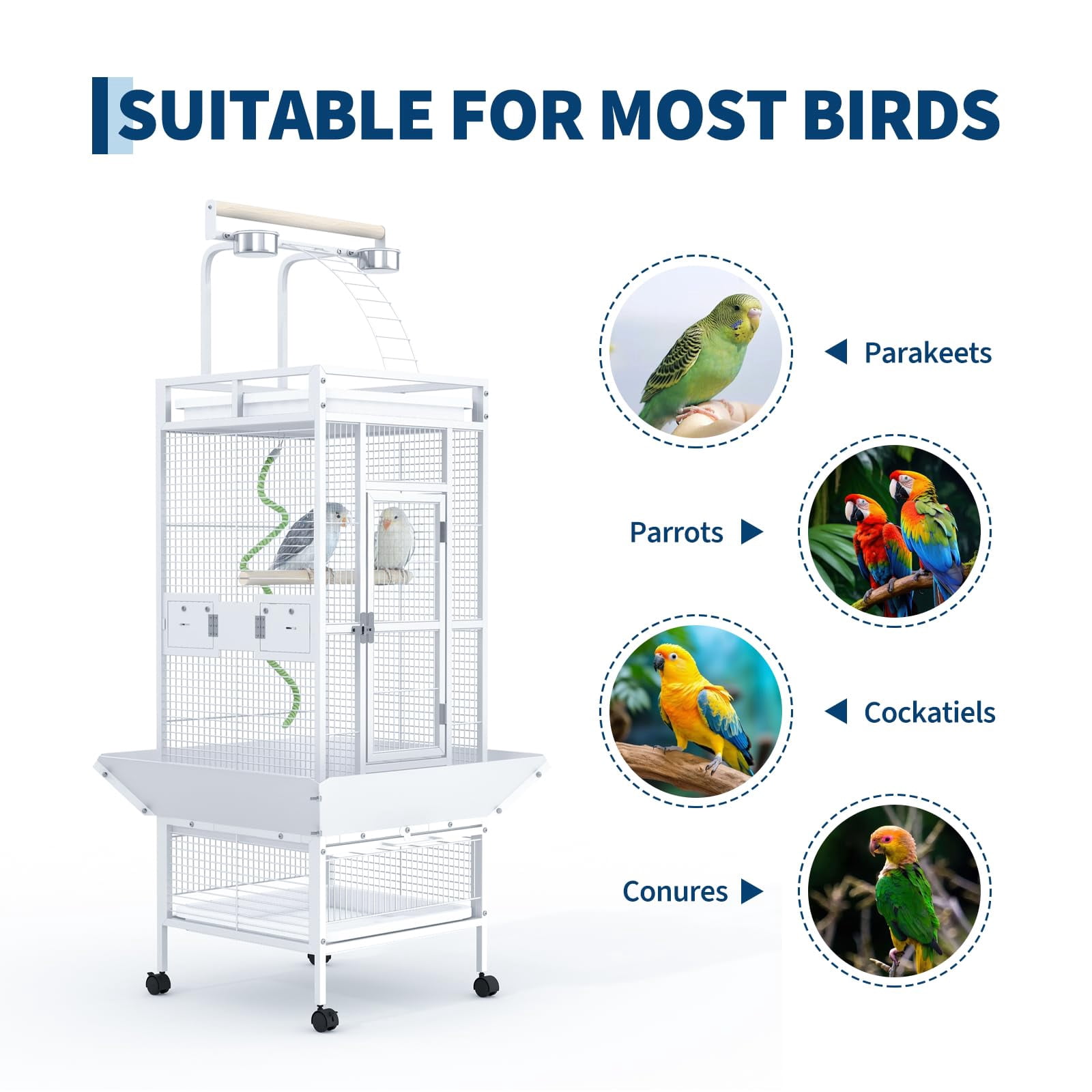 60" Large White Wrought Iron Bird Cage, Indoor Parakeet Cage with Playtop, Bird Rope Perche, Heavy Duty Wrought Iron Bird Cage on Wheels for Parrots, Parakeets, Cockatiels, Conures