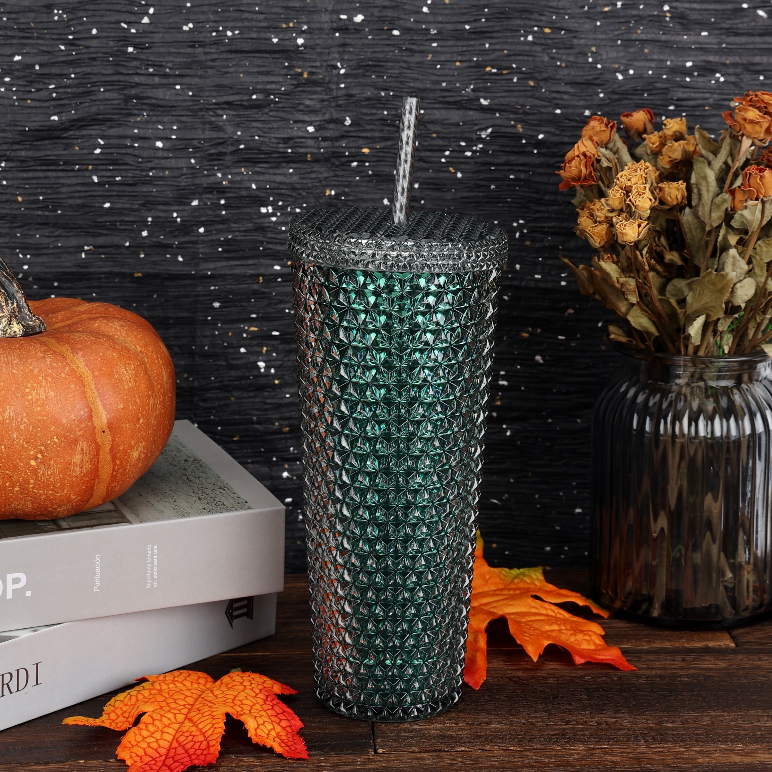 Way to Celebrate Halloween 26 oz Plastic Double Wall Insulated Iridescent Textured Tumbler with Straw and Handle, Black, Green Foil