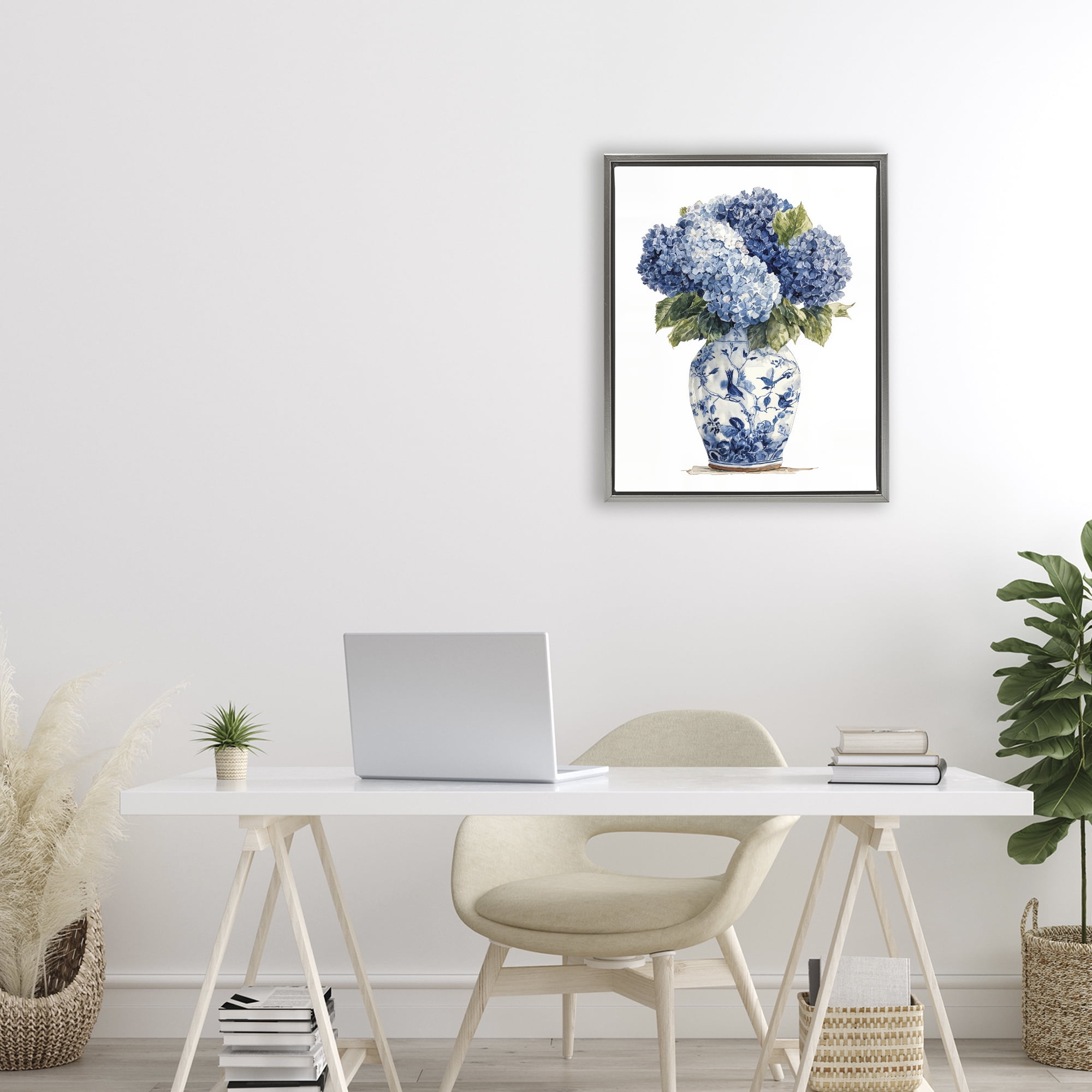 Stupell Industries Blue Hydrangeas in Porcelain Gray Framed Floater Canvas Wall Art, design by Imagine It Images