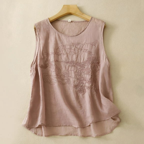 TYGHBN Women's Versatile and Comfortable Loose Crewneck Suspender and Linen Embroidered Top Tennis Shirt Women Compression Shirt Woman Summer Tops for Women Casual Casual T Shirt Top Plain Workout