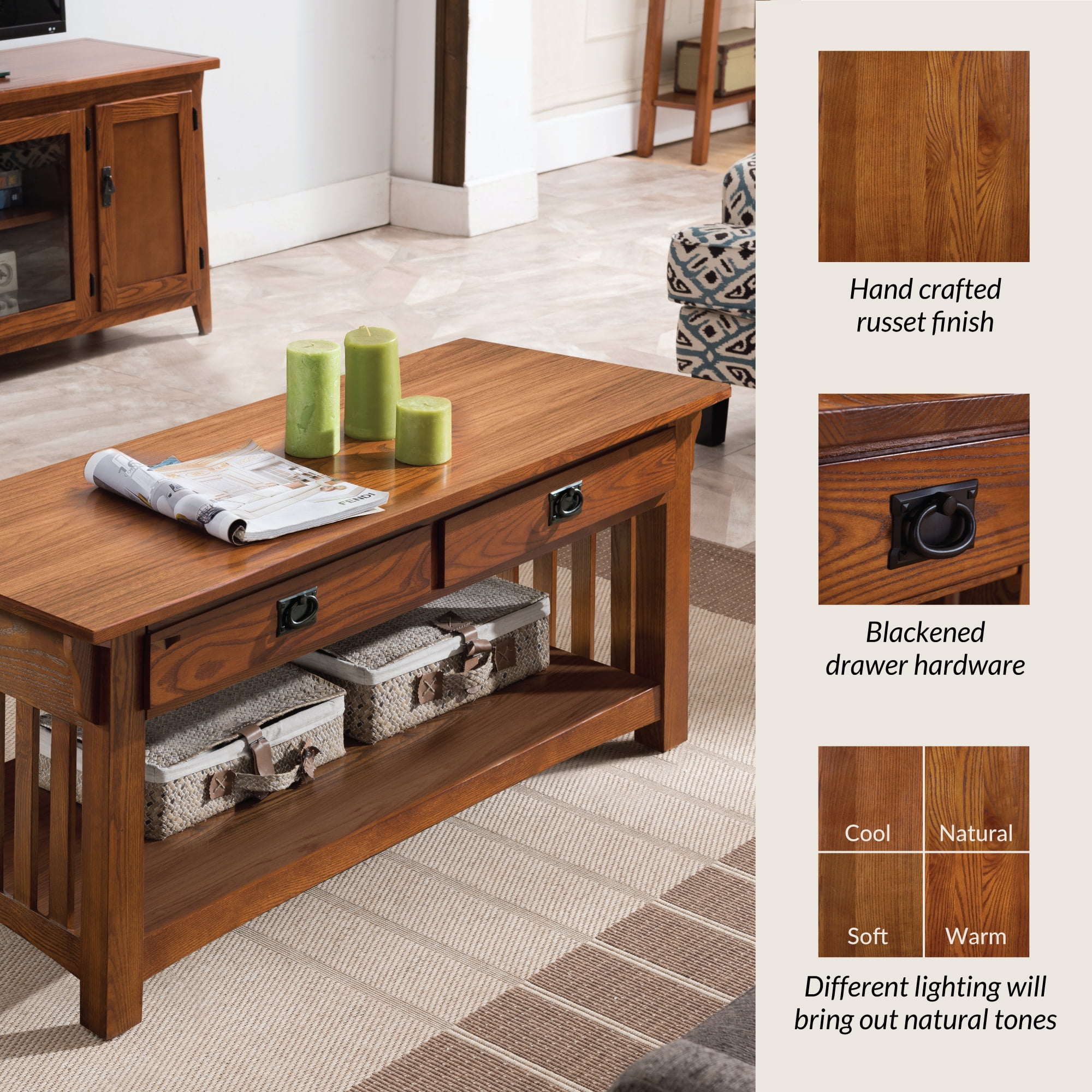 Leick Home Mission Solid Wood Coffee Table with Drawers and Shelf, Medium Oak Finish