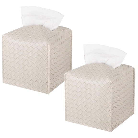 2-Piece Tissue Box Cover Set PU Leather Tissue Holder, Square Facial Tissue Case Facial Paper Organizer Dispenser, Beige