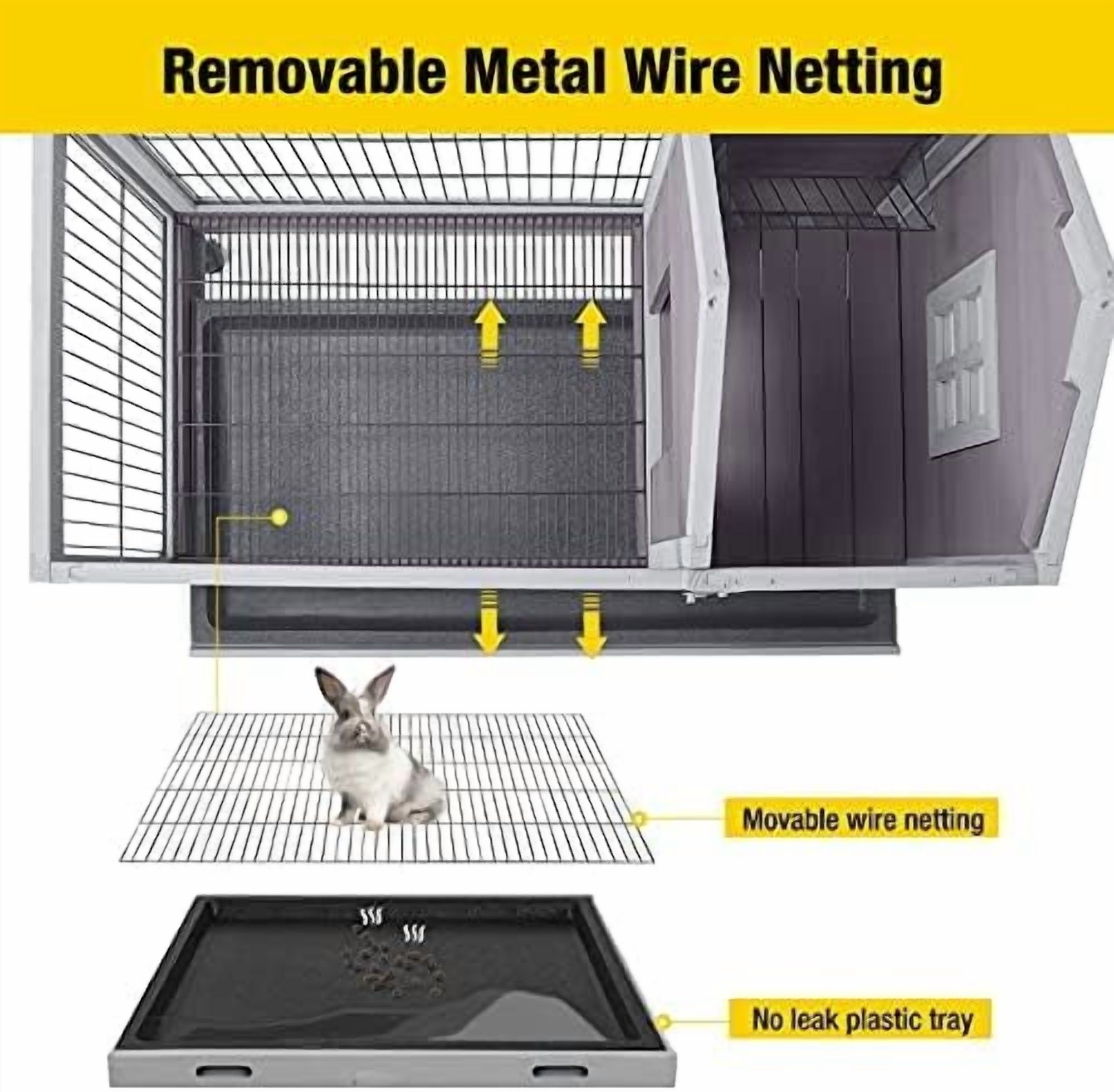 Wooden Rabbit Hutch with Removable Wire Floor Grid, Bunny Cage with Deeper Leakproof Tray 4 Wheels Include